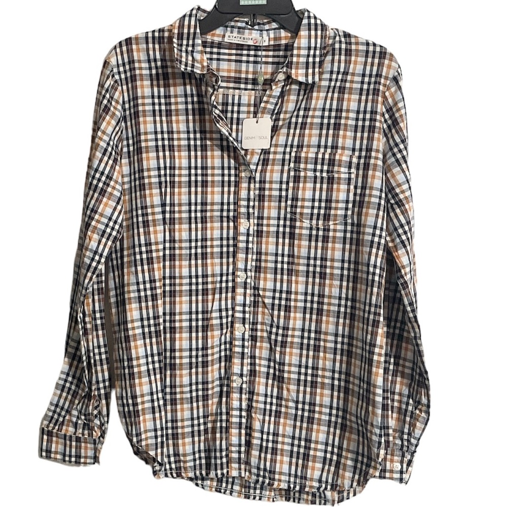 Anthropologie Stateside Multi Plaid Oxford Button Up Long Sleeve 100% Co…